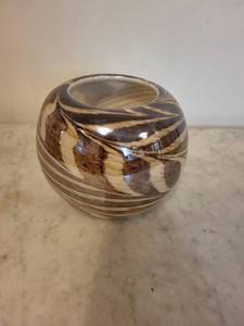 Zebra-Stripe Swirl Glazed Ceramic Vase - Globe-Shaped with Open Top
