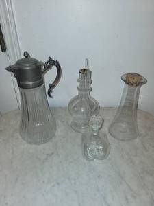 Vintage Glass Decanter Set with Metal Hardware and Stoppered Bottles (Lot of 3)