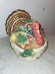 Marshall Fields Turkey Figurine Centerpiece cookie jar - Ceramic Basket Base with Leaves and Fruit