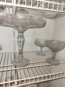 Crystal Cut Glass Pedestal Compotes (3) with Assorted Stemware - Beaded Rim & Starburst Pattern