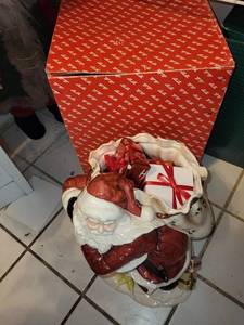 Ceramic Santa Claus Figurine with Gift Sack - Holly Accented Holiday Decor