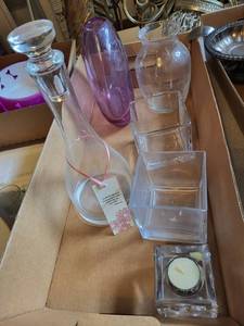 Assorted Glassware - Decanter, Purple Vase, Clear Jars & Square Containers