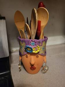 Whimsical Ceramic Head Utensil Holder with Assorted Wooden Spoons & Spatulas