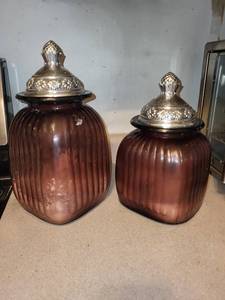 Decorative purple Glass Jars with Ornate Silver Floral Lids (Lot of 2)