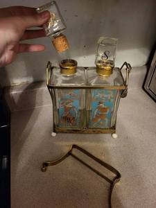 Art Deco Glass Decanter Set in Brass Frame with Blue Panels