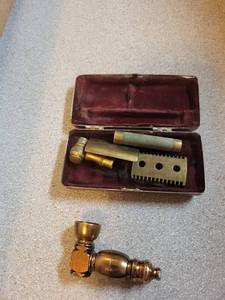 Antique Brass Gauge Set in Ornate Floral Case - pipe and razor kit
