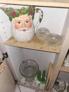 Vintage Santa Head Ceramic Pitcher - Wreath Crown & Assorted Glassware