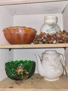 Assorted Glass & Ceramic Decor - Floral Vase, Teapot, Amber Bowl & Green Bowl (Lot of 4)