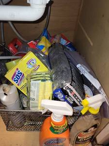 SOS Steel Wool Pads, Bona Wood Floor Cleaner & Purell Assorted Cleaning Supplies Under-Sink Cabinet