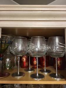 Six Clear Glass Goblets with Silver Claw Handles on Hammered Bases