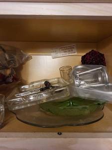 Assorted Glassware - Emerald Green Bowl & Etched Clear Goblets (Decorative Set)