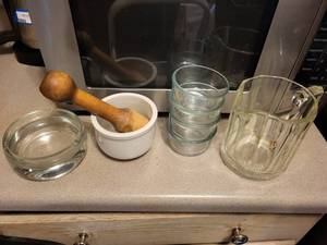Assorted Kitchen Glassware - Mortar and Pestle, Glass Bowls & Pitcher