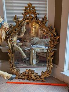 Gilded Rococo Wall Mirror with Ornate Carved Laurel Frame - Large Antique