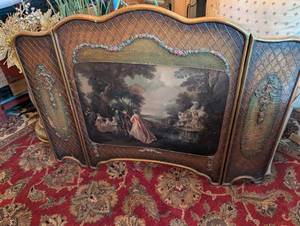 Antique-Style Three-Panel Fireplace Screen With Painted Scenic Panel And Ornate Border