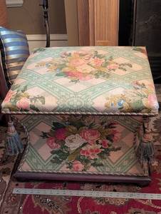 Vintage Floral Tapestry Settee with Tassel Fringe and Rich Wood Base