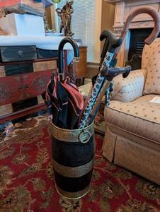 Ornate Umbrella Stand with Floral Embossed Band and Rope Accents, includes 2 canes and umbrellas