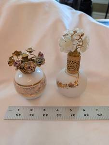 West Germany Made Perfume Bottle Pair With Floral Caps - Porcelain & Gold Filigree