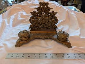 Vintage Brass Art Nouveau Desk Organizer & Inkwell - Ornate Antique Office Decor