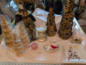 Gold-Tone Flower Topiary Christmas Trees - Holiday Decor