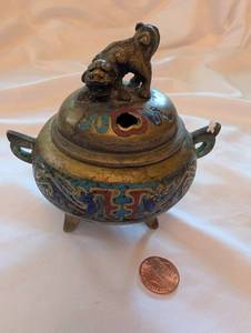 Chinese Cloisonne Foo-Dog Lid Censer on 3-Legged Base with Multicolor Enamel
