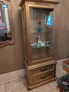 Crackle-Finish Display Cabinet with Glass Doors & Laurel Leaf Trim
