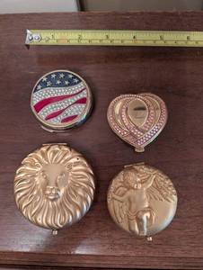 Assorted Vintage Metal Compacts - Sunburst, Heart Rhinestone, Flag Enamel & Pink Ribbon (Lot of 4)