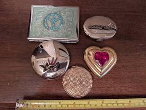 Assorted Vintage Vanity Compacts & Accessories - Turquoise Ring Case & Marbled Enamel Compact