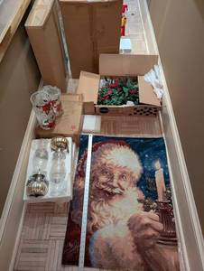 Assorted Christmas Decor - Garland, Berry Spray, Rug & Glassware