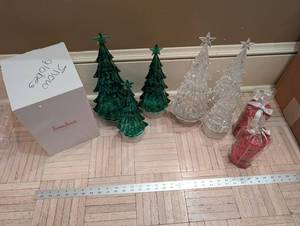 Crystal Glass Christmas Tree Figurines Emerald Green & Clear and Neimen Marcus Holiday Snowglobe