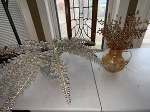Decorative Glass Vase Centerpiece Lot Amber Pitcher & Crystal Floral