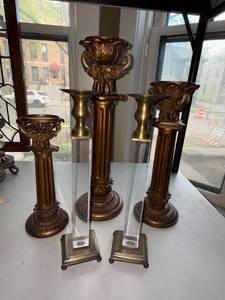 Pair Lucite Acrylic and Brass Tone Candlesticks 11.5 In Hollywood Regency