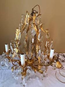 Montgomery Ward 5 Light Gilt Tole Crystal Chandelier Vintage