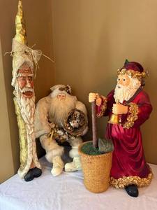 Large Santa Christmas Decor Figure Lot 3 Pc Carved Resin Fabric Mixed
