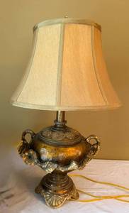 Vintage Amber Glass Urn Table Lamp Gilt Floral Mounts w Shade 24in