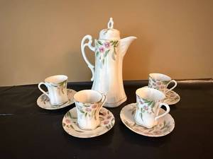 Antique Nippon Hand Painted Chocolate Pot Set 4 Cups Saucers Floral