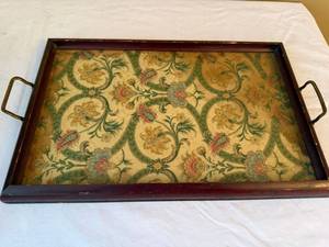 Vintage Wood Serving Tray Floral Under Glass Brass Handles Decor