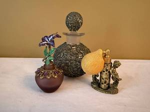 Vintage Vanity Perfume Bottle Lot Filigree Atomizer Jeweled Glass 3 Pc