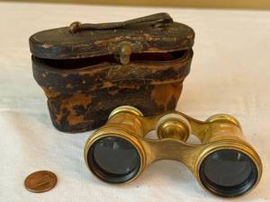 Antique Opera Glasses Mother of Pearl Brass Tone w Case Good
