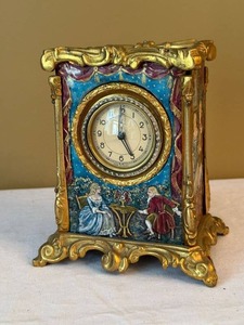 Vintage French Gilt Scenic Table Carriage Clock Hand Painted Enamel Panels 6.5 In
