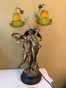 Art Nouveau Style Figural Table Lamp Dancing Couple 2 Light Glass Shades