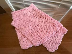 Handmade Pink Knitted Baby Blanket Openwork Scalloped Edge Throw