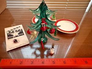 Hand Blown Glass Christmas Tree w Mini Ornaments Plates Mixed Lot