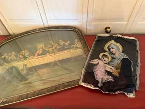 Religious Wall Decor Lot Framed Last Supper & Maria Woven Panel