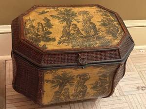 Vintage Octagonal Wicker Look Sewing Basket Storage Box Pastoral Scene