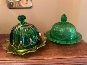Vintage Green Glass Covered Butter Dishes Lot of 2 Pressed Glass