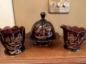 Amethyst Glass Creamer Sugar Bowl Butter Dish Set Gold Floral Decor