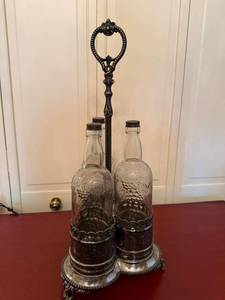 Meriden B Co Quadruple Plate Triple Cruet Set w Quart Bottles