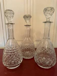 Set of 3 Cut Glass Crystal Decanters w Stoppers Barware 11-13in