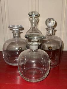 4 Clear Glass Decanters with Stoppers Mixed Shapes Barware Set