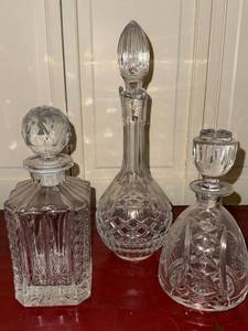 Waterford & Cut Crystal Decanter Lot 3 Pc Barware w Stoppers